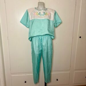 Vintage 80s Teal Retro Windbreaker Shirt and Pants Set